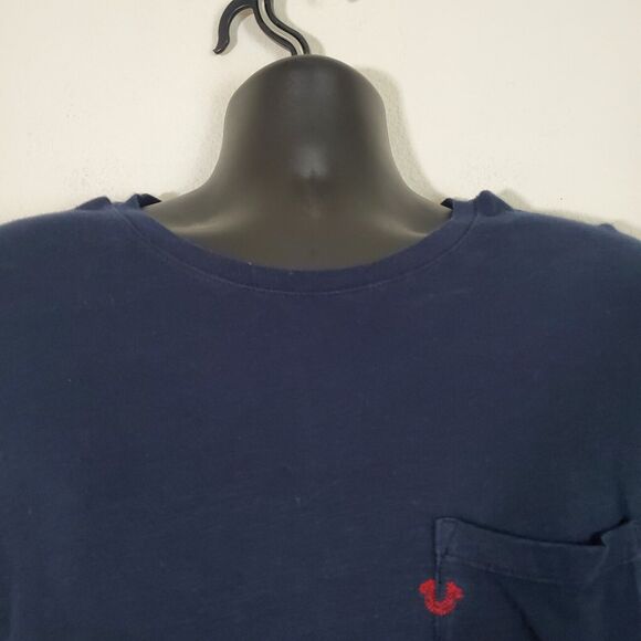 True Religion Men's Tee Large Navy Blue Embroidered Horseshoe Logo Crewneck Long - Picture 2 of 10